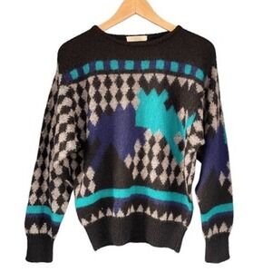 80s‎ Vintage Cordier Geometric Pattern Knit Grandpa Sweater Mens